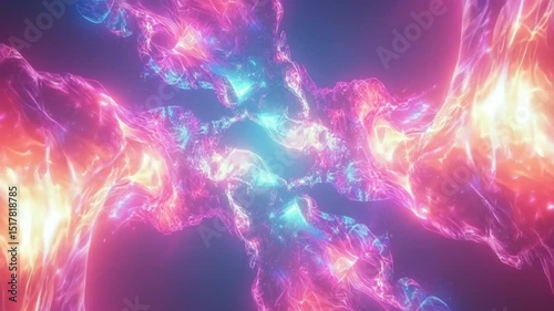 Abstract symmetrical swirling forms in vibrant neon colors.  Intricate, fluid, glowing shapes create a dynamic, otherworldly scene