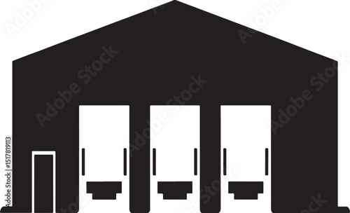 Simple black silhouette icon of a warehouse with three loading docks.