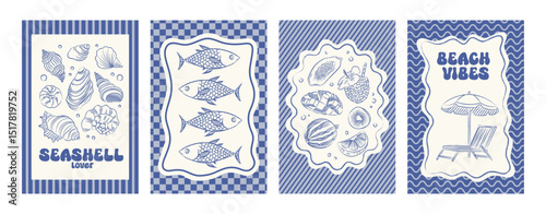 Set of interior sea posters. Wall poster with seashells, beach and marine theme. Vector printable templates