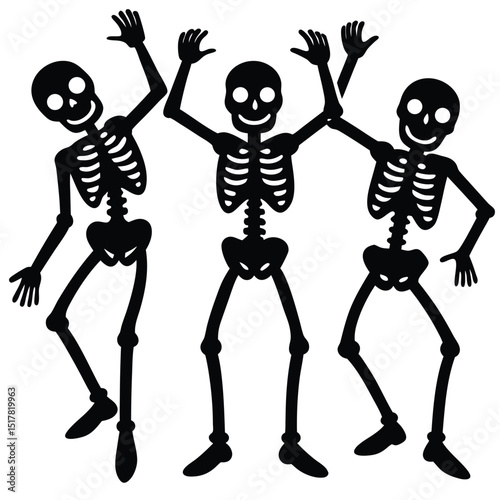 Three dancing skeletons silhouettes celebrating with joy and movement on a bright white background