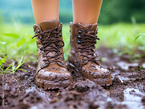 yellow dirty rubber boots in the mud, AI generated