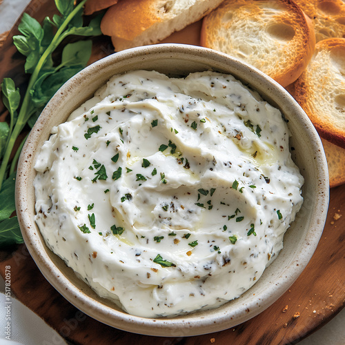 Fluffy Herb-Infused Cream Cheese in a Wooden Dish / Savory Cream Cheese Herb Spread – Perfect for Bagels and Crackers photo