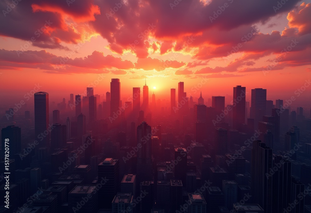 Fototapeta premium city skyline silhouette sunset urban landscape dramatic colors horizon twilight, architecture, buildings, lights, clouds, gradient, evening, scene