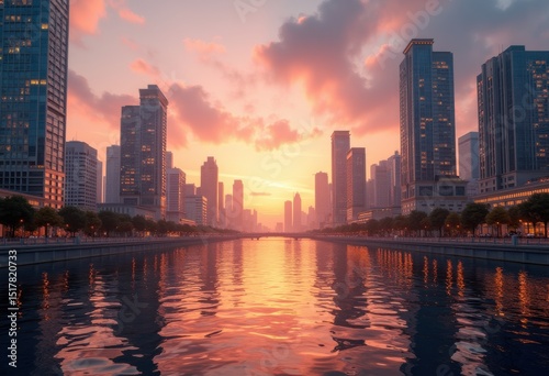 city skyline beautiful golden hour glow urban landscape architecture sunset reflection, building, light, cloud, night, pano, cityscape, horizon