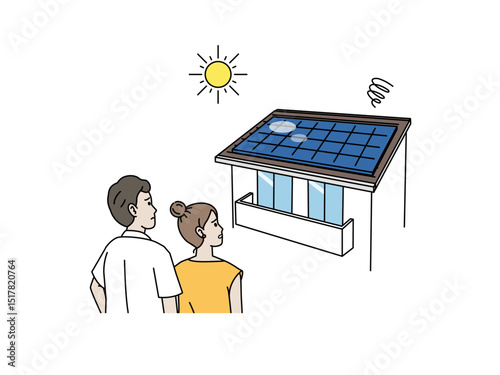 太陽光パネル、ソーラーパネルの故障に困る夫婦のイラスト