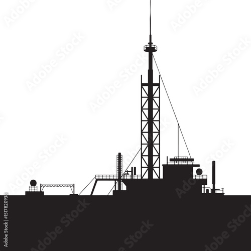 Silhouette of an offshore platform vessel with tall tower.