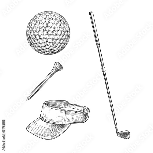 golf illustration golf clubs equipment vector line art hand drawn set collection