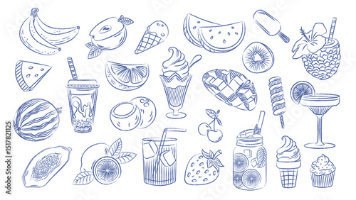 Summer food vintage set. Pen drawn outlines of edible elements. Vector retro elements, tropical fruits, ice cream