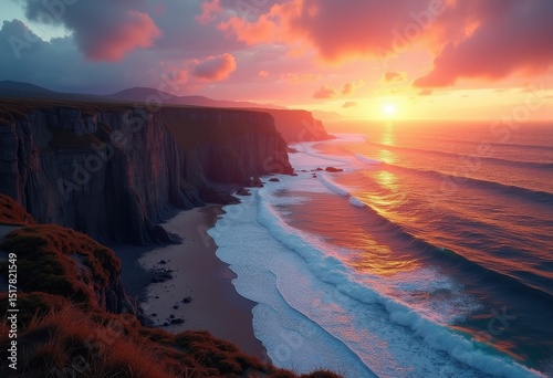 colorful sunset over rocky coastal cliffs vibrant sky ocean waves scenic view, landscape, nature, shoreline, beach, cloud, horizon, reflection, water photo