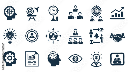 Navigating Business Success A Symphony of Strategy Innovation and Teamwork with Line Icons on Dark Background and Clean