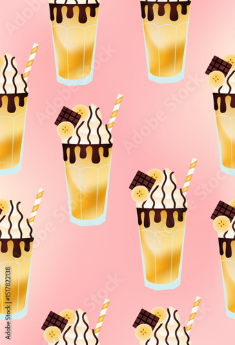 Pattern of a chocolate banana milkshake on a pink background.