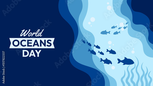 Blue poster with a blue ocean background and a white text that says World Oceans Day. The poster features a blue wave with fish swimming in it photo