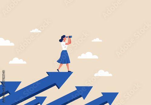 Flat vector illustration of a woman walking on an upward-pointing arrow while looking through binoculars. Surrounded by other rising arrows, she symbolizes vision, progress, and future planning.