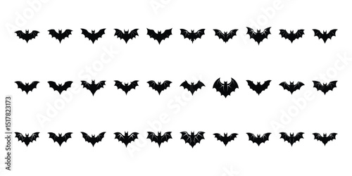 Black silhouettes of bats set on white background.