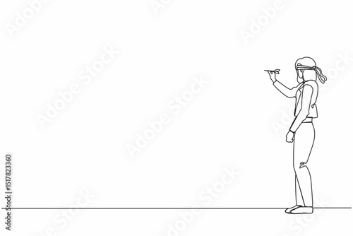 Single one line drawing confused businesswoman blindfold throwing dart. Unclear target or blind business vision, leadership failure or mistake aiming goal. Continuous line draw design graphic vector