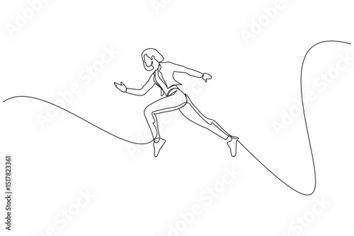 Single continuous line drawing cute businesswoman running fast. Late business person rushing in hurry to get on time. Successful female in blazer run for work. One line draw design vector illustration