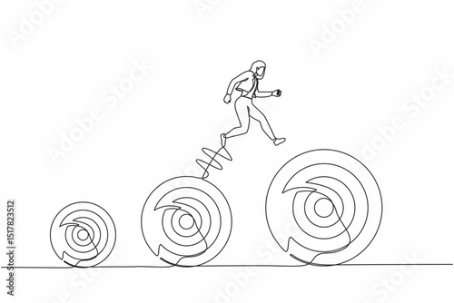 Single continuous line drawing businesswoman jumping up higher target career goals. The business next target. Planning and successful. Business metaphor. Dynamic one line draw graphic design vector