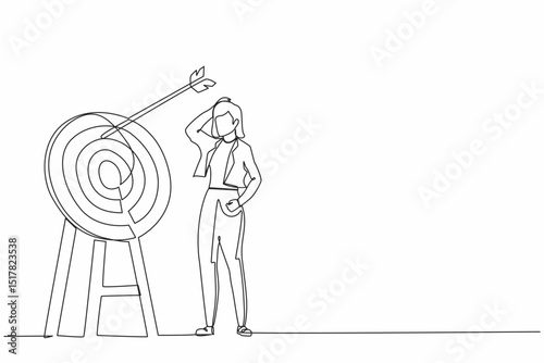 Continuous one line drawing young ambition businesswoman arrow missed at the target. Failed hit archery target. Business challenge failure metaphor. Single line draw design vector graphic illustration