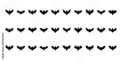 Black silhouettes of bats set on white background.