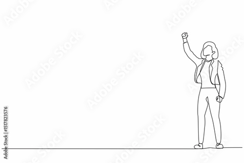 Single continuous line drawing businesswoman executive celebrate her successful, raising hands with clenched fists up over head. Success and vision concept. Dynamic one line draw graphic design vector