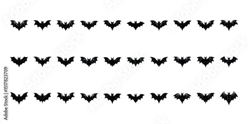 Black silhouettes of bats set on white background.
