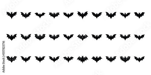 Black silhouettes of bats set on white background.
