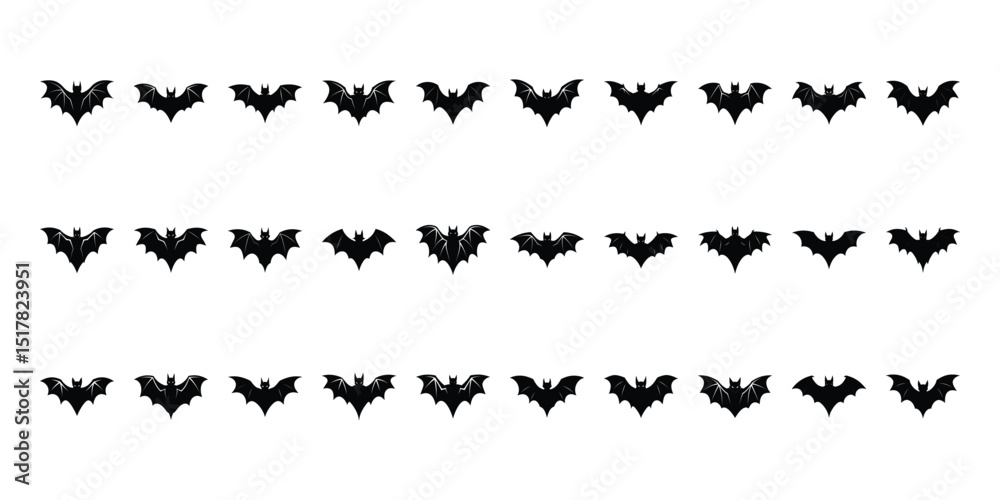 Fototapeta premium Black silhouettes of bats set on white background.