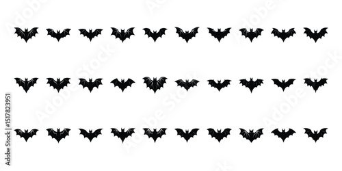 Black silhouettes of bats set on white background.