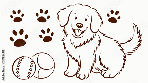 A cheerful golden retriever puppy gleefully sits ready to play fetch paw prints and balls showcase canine joy with