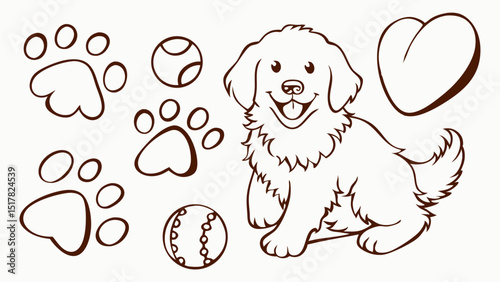 A cheerful puppy smiles amidst playful paw prints and inviting tennis balls expressing love and joy with clean vector