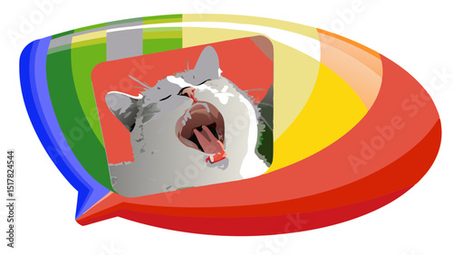 A dramatic illustration of a cat mid yawn captured in a colorful speech bubble conveying tiredness and comic expression