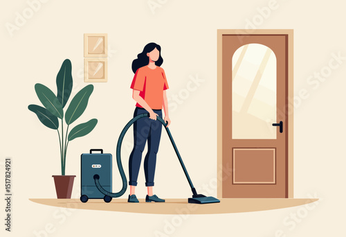 Simple Home Cleaning Scene: Vector Illustration of a Person Vacuuming with Cleaning Tools - Use for Blogs, Apps, and Marketing Materials on Housekeeping
