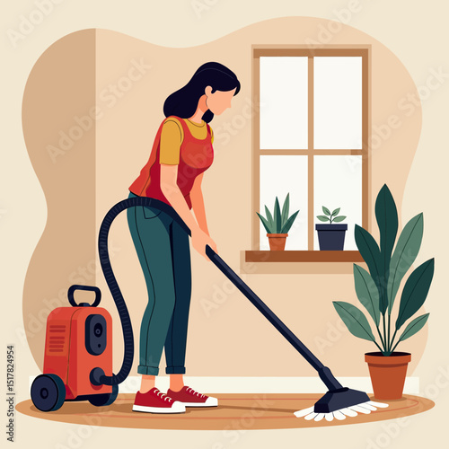 Modern Home Cleaning Vector Illustration: A Person Vacuuming the Floor in a Neat, Casual Setting - Ideal for Housekeeping Services, Cleaning Guides, and Home Improvement Blogs
