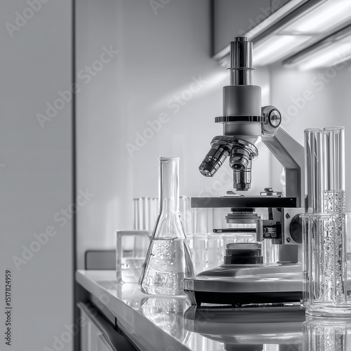 Monochrome lab setup with metallic microscope, glass erlenmeyer flask. Scientific research, pharmaceutical development, medical analysis, biotech lab & educational science visuals.