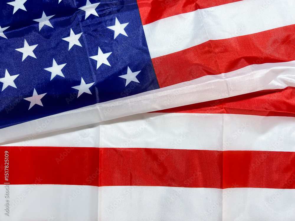 Obraz premium United States flag top view with copy space in red and white strip, patriotic background. America, 4th of july