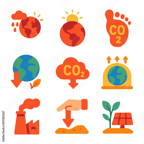 Greenhouse gas icons show climate change effects. Suitable for environmental presentations, social media posts, infographics, and educational materials.