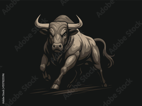 Muscular Bull in Charging Pose on Black Background