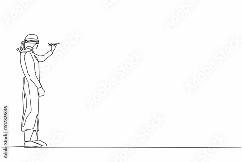 Single continuous line drawing confused Arabian businessman blindfold throwing dart. Unclear target or blind business vision, leadership failure or mistake aiming goal. One line graphic design vector