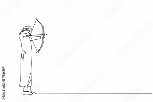 Single continuous line drawing blindfolded Arabic businessman shooting arrow. Missed target. Businessman trying to shoot target with blindfold. Dynamic one line draw graphic design vector illustration