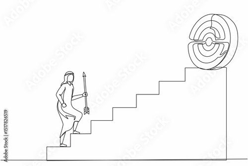Single one line drawing Arab businessman holding arrow running up stairway to high target. Business concept growth and path to success. Career path. Continuous line design graphic vector illustration