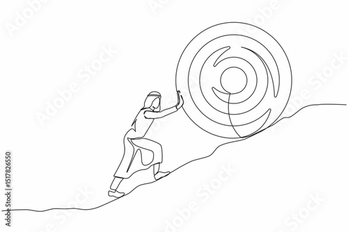 Continuous one line drawing Arabian businessman push up big target to mountain. Salary man pushing giant target upwards so very difficult. Goal too big can be difficult. Single line draw design vector