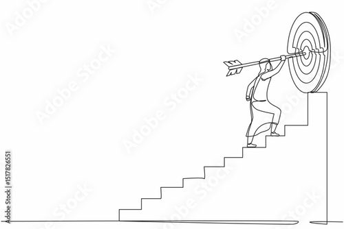 Single continuous line drawing Arabic businessman with arrow is running towards his goal, path to achieving goal is high, through stairs, steps of achievement. One line draw design vector illustration