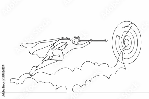Continuous one line drawing superhero Arabic businessman flying with arrow forward to goal to achieve success. Power leadership ambition and achievement. Single line design vector graphic illustration