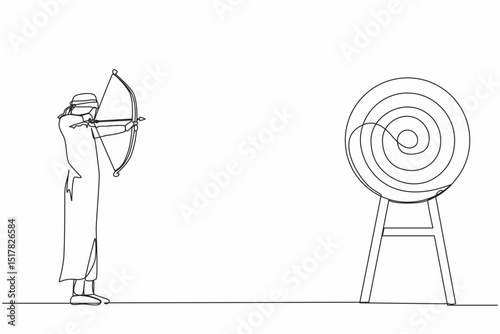 Single one line drawing Arab businessman trying to shoot target with blindfold. Trying to achieve goal without vision. Blindfold man holding bow arrow looking for target. Continuous line design vector