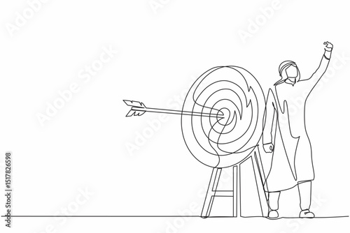 Single one line drawing Arabian businessman fist pump his arrow directed into the target. Target goal, focus and progress. Business archery, arrow hit focus. Continuous line draw design graphic vector
