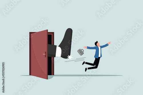 Fired from job, company lays off or underperforming employee, concept of business failure or mistake, angry big boss kicks fired entrepreneur employee out of office.