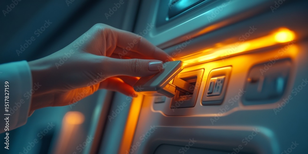 Fototapeta premium Businesswoman inserting credit card into in flight entertainment system