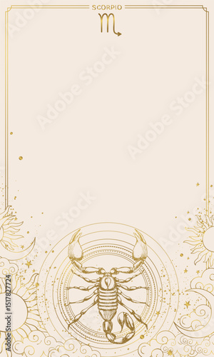 Scorpio zodiac sign, vintage engraving map of symbol on beige background. Mystical natal chart with realistic hand drawing, astrological vector illustration, horoscope, fortune telling.