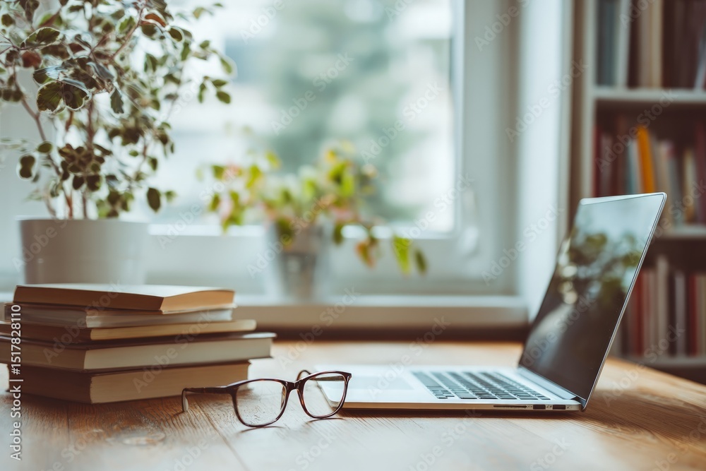 custom made wallpaper toronto digitalLaptop and Stack of Books on Wooden Desk Near Window with Plant