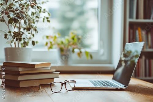 Wallpaper Mural Laptop and Stack of Books on Wooden Desk Near Window with Plant Torontodigital.ca